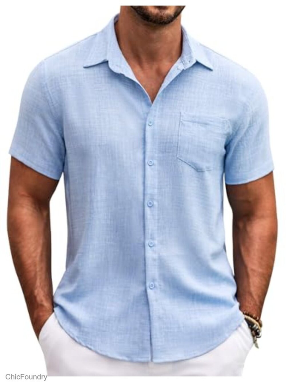 Mens Button Down Short Sleeve Textured Summer Beach Shirt with Pocket
